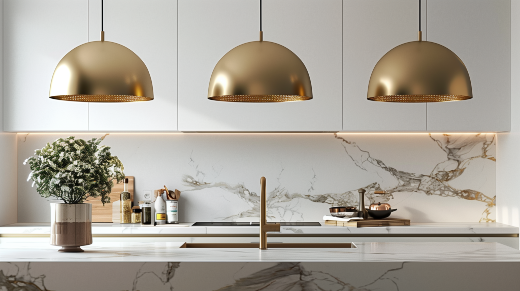 brass pendant lights in neutral modern kitchen