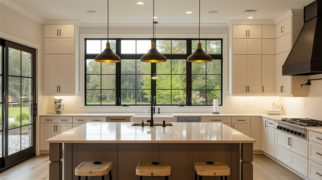 three evenly spaced pendant lights over kitchen island