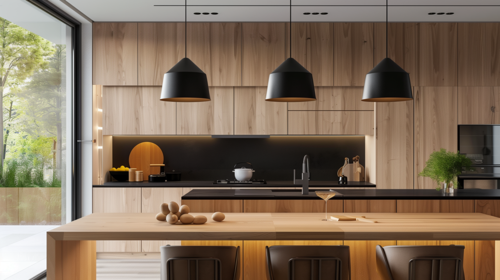 matte black pendant lights over modern island