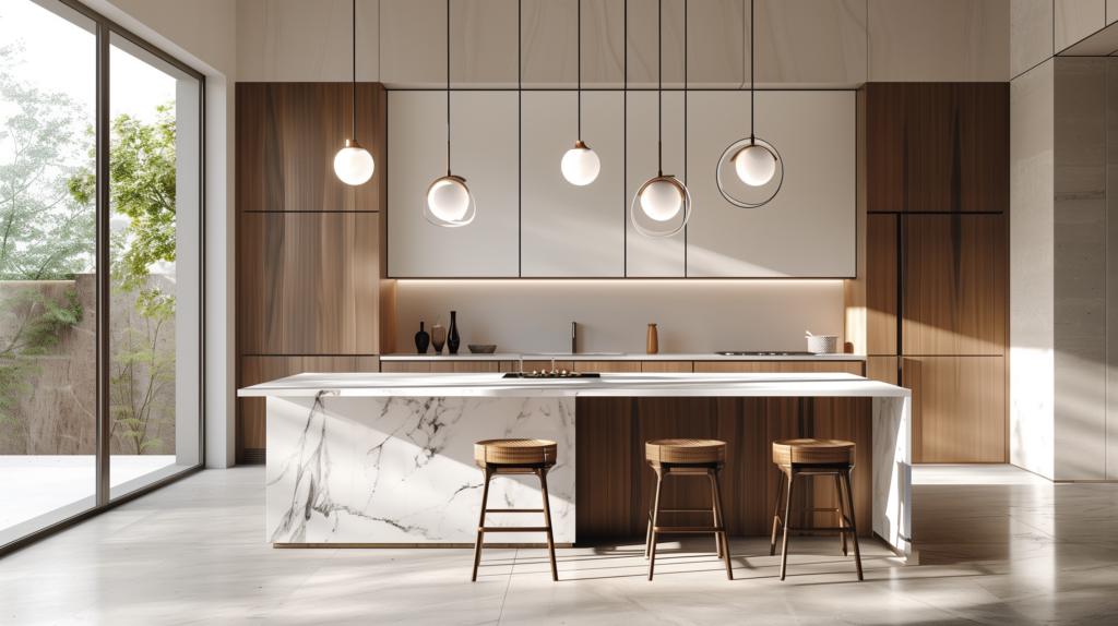 modern minimalist kitchen with warm neutral pendant lighting above marble island