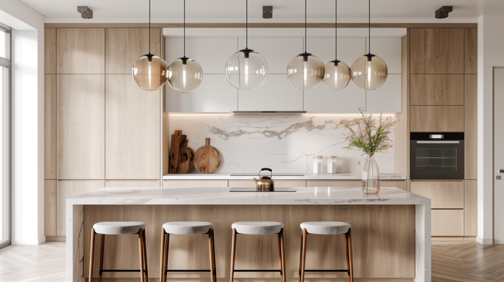 clear glass pendant lights in Scandinavian kitchen