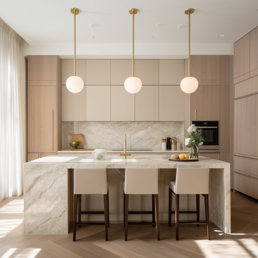 best kitchen pendant lighting ideas with warm brass pendant lights in a neutral modern kitchen