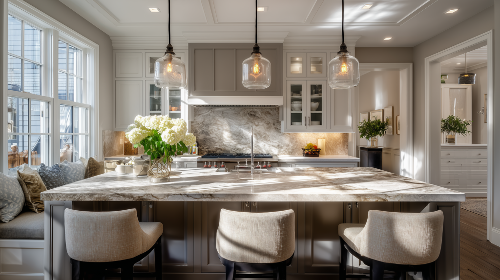 bar stools and pendant lighting over kitchen island