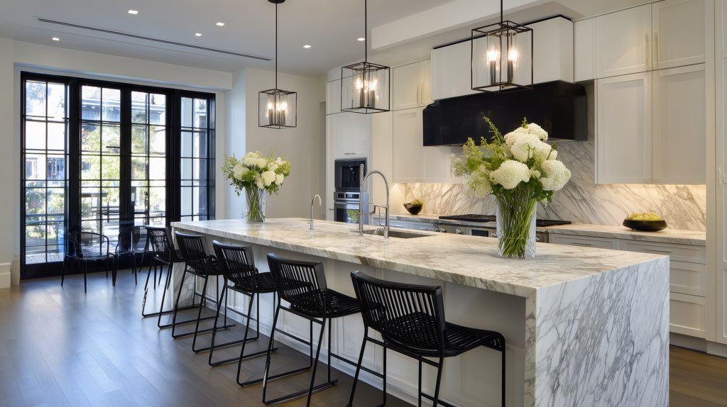 black metal bar stools for kitchen island in modern kitchen