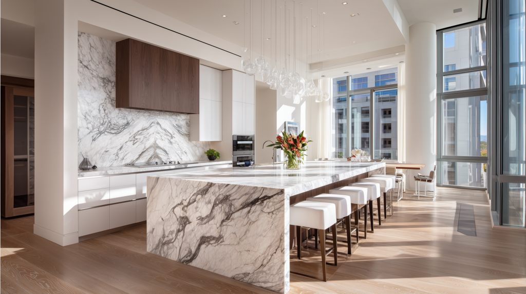 marble kitchen island with modern bar stools
