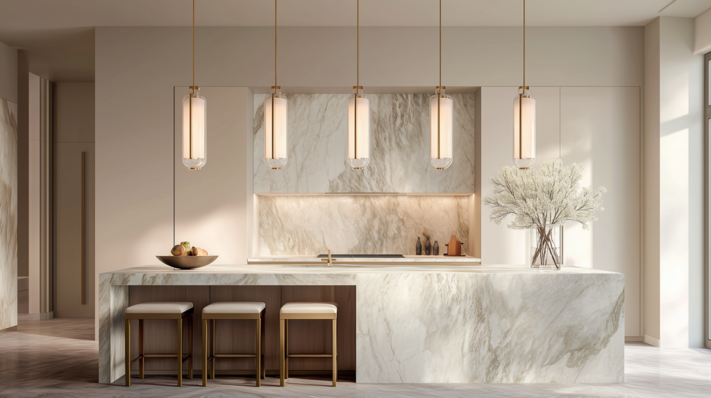 modern kitchen pendant lighting above marble island