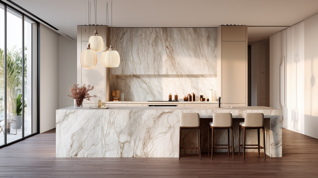 minimalist kitchen island with marble waterfall countertop