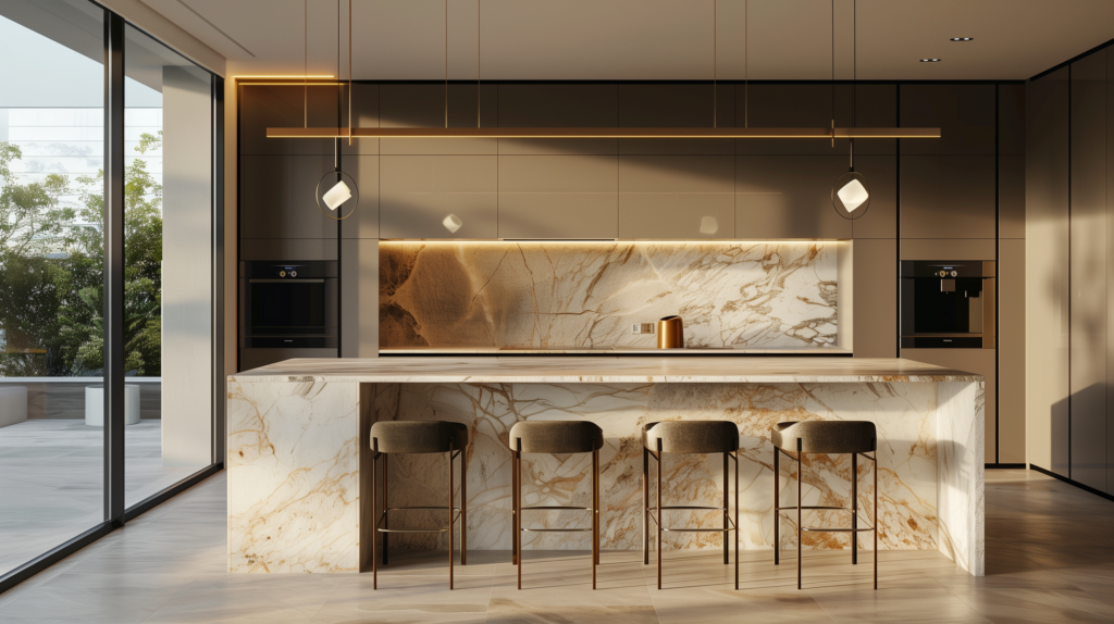 bar stools for marble kitchen island in minimalist kitchen