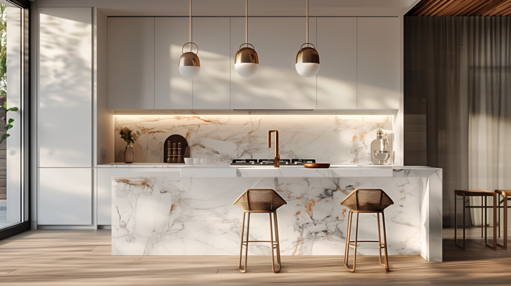 pendant lighting above kitchen island in minimalist kitchen