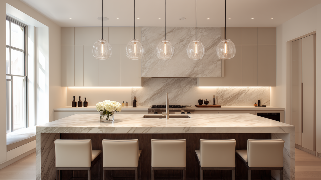 glass pendant lights over kitchen island