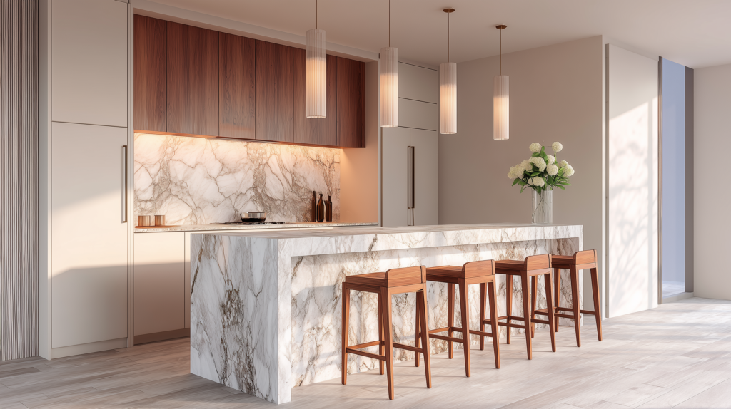 wood bar stools for marble kitchen island in minimalist kitchen