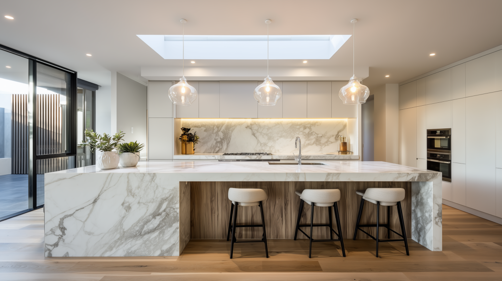 minimal bar stools in modern kitchen with marble island