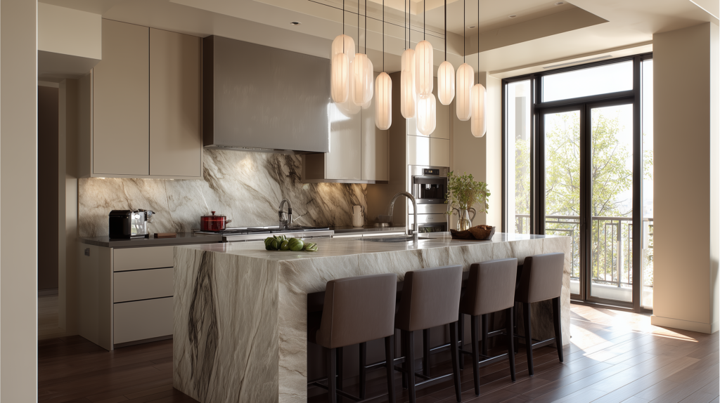 modern marble waterfall kitchen island design